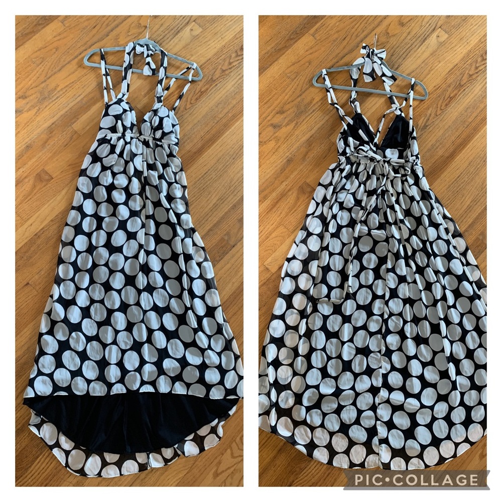 Rubber Ducky contemporary polka-dot, halter-neck midi party dress, size small.